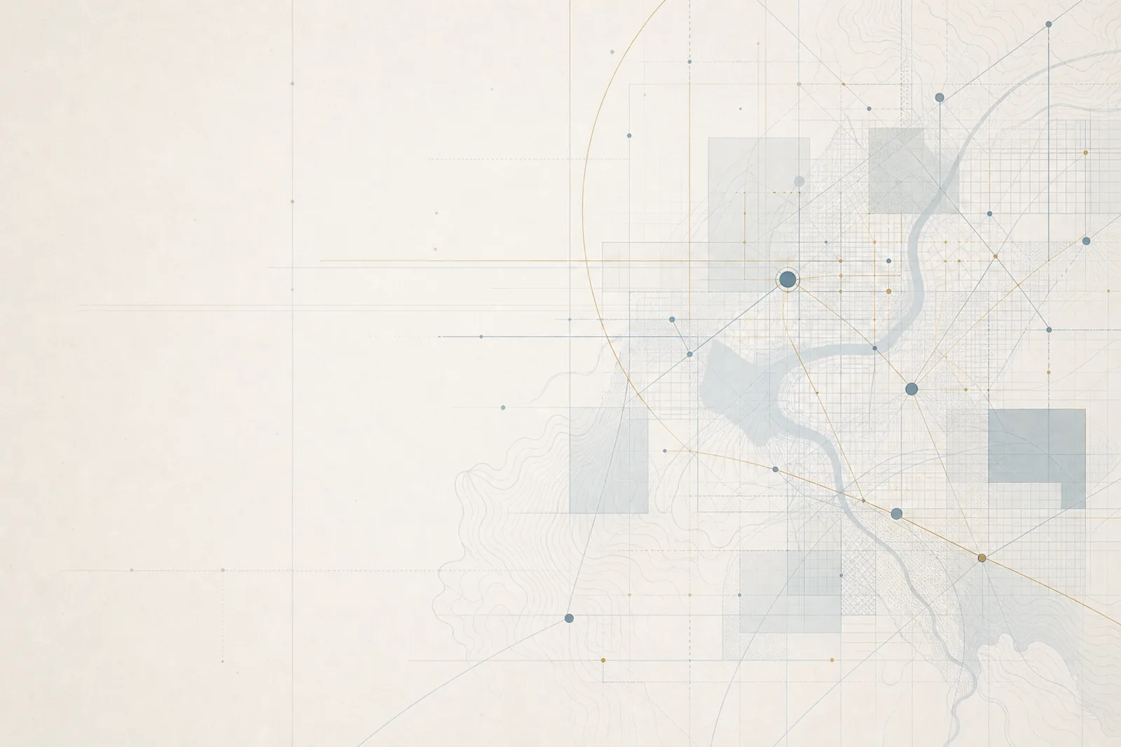 Abstract civic systems atlas with map contours, route lines, and quiet architectural planes